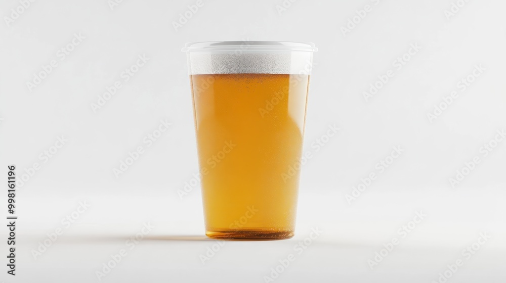 Front view of draught beer in plastic disposable cup isolated on white Front view of draught beer in plastic disposable cup isolated on white
