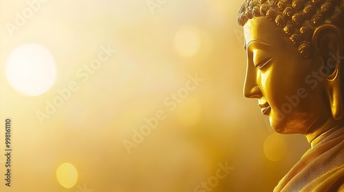 Mesmerizing golden Buddha statue glowing with a divine aura bathed in warm sunlight and reflecting a sense of profound spiritual serenity and enlightenment photo