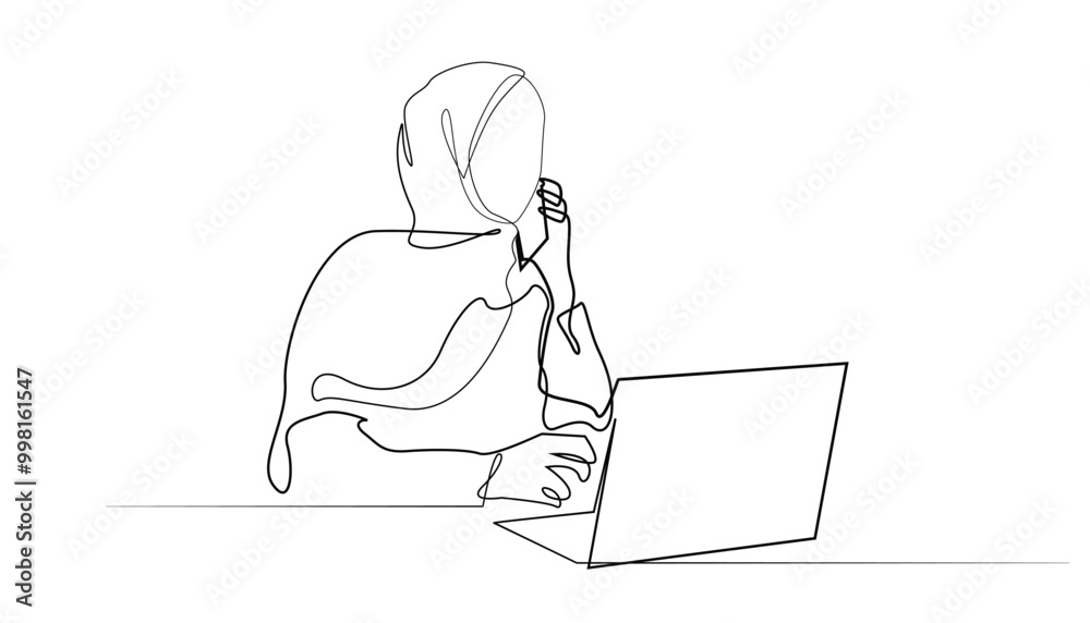 continuous line of happy muslim woman calling in front of laptop.muslim businesswoman making phone call with client.single line vector line continuous line of happy muslim woman calling in front of laptop.muslim businesswoman making phone call with client.single line vector line