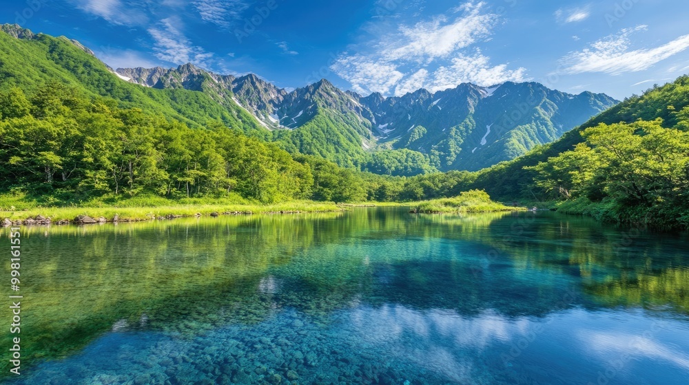 A clear, tranquil scene in Kamikachi with the Azusa River, vibrant green foliage, and the rugged peaks of the Hotaka Mountains under a bright blue sky. A clear, tranquil scene in Kamikachi with the Azusa River, vibrant green foliage, and the rugged peaks of the Hotaka Mountains under a bright blue sky.