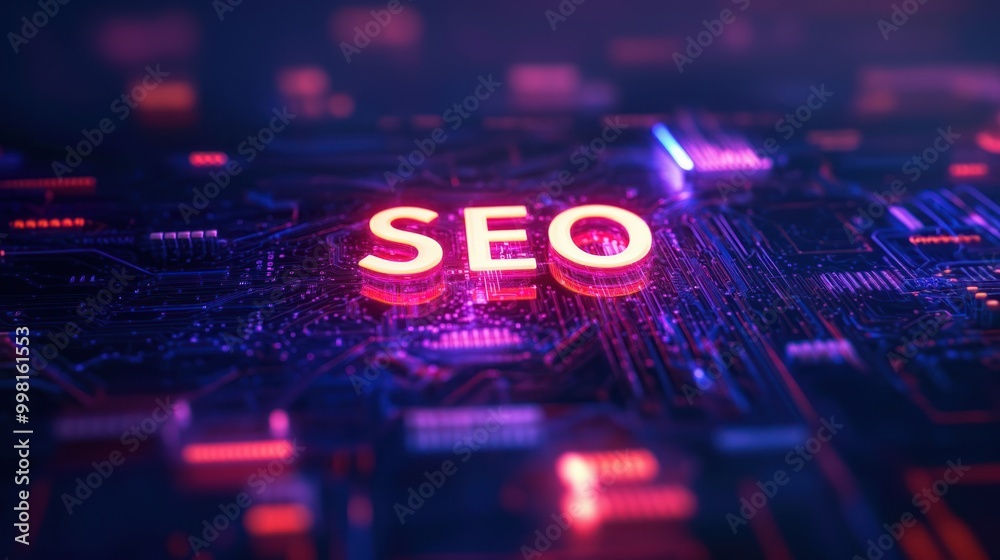 The word SEO in glowing neon letters in digital background, digital marketing, surrounded by intricate circuit patterns, emphasizing technology and innovation The word SEO in glowing neon letters in digital background, digital marketing, surrounded by intricate circuit patterns, emphasizing technology and innovation