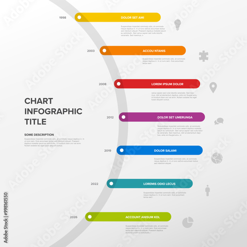 Simple timeline template made of rainbow color thick line segments on big circle. Multipurpose infochart template displaying main milestones or important stages on circle path.