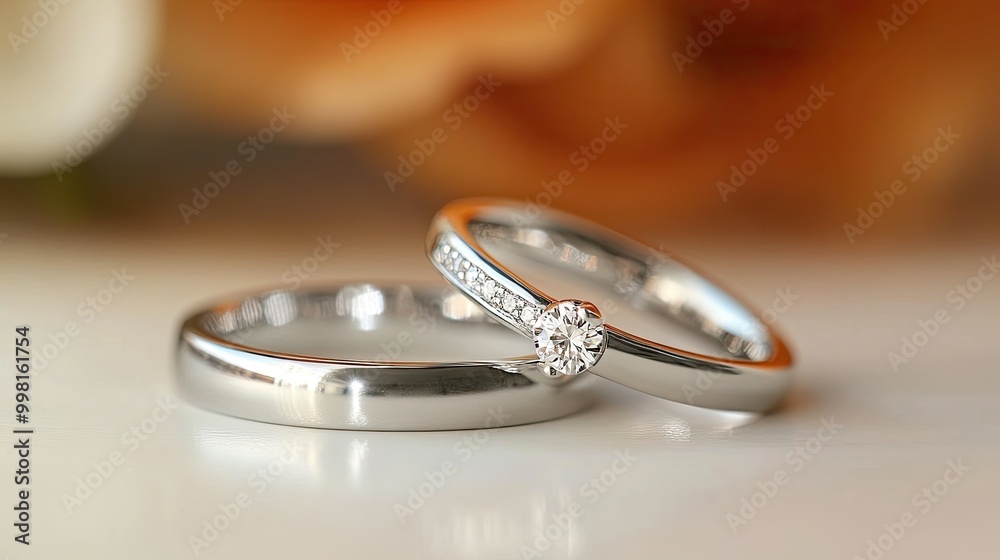 A close-up of silver wedding rings, one featuring a sparkling gemstone, resting side by side, capturing the essence of commitment and togetherness. A close-up of silver wedding rings, one featuring a sparkling gemstone, resting side by side, capturing the essence of commitment and togetherness.