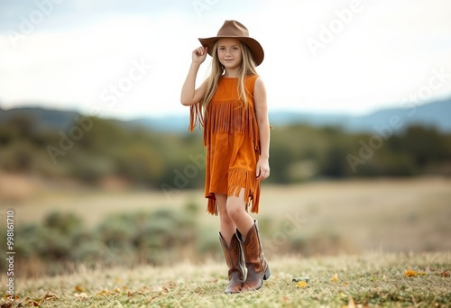 Girl in a suede fringe dress with cowboy boots and a wide brimme photo