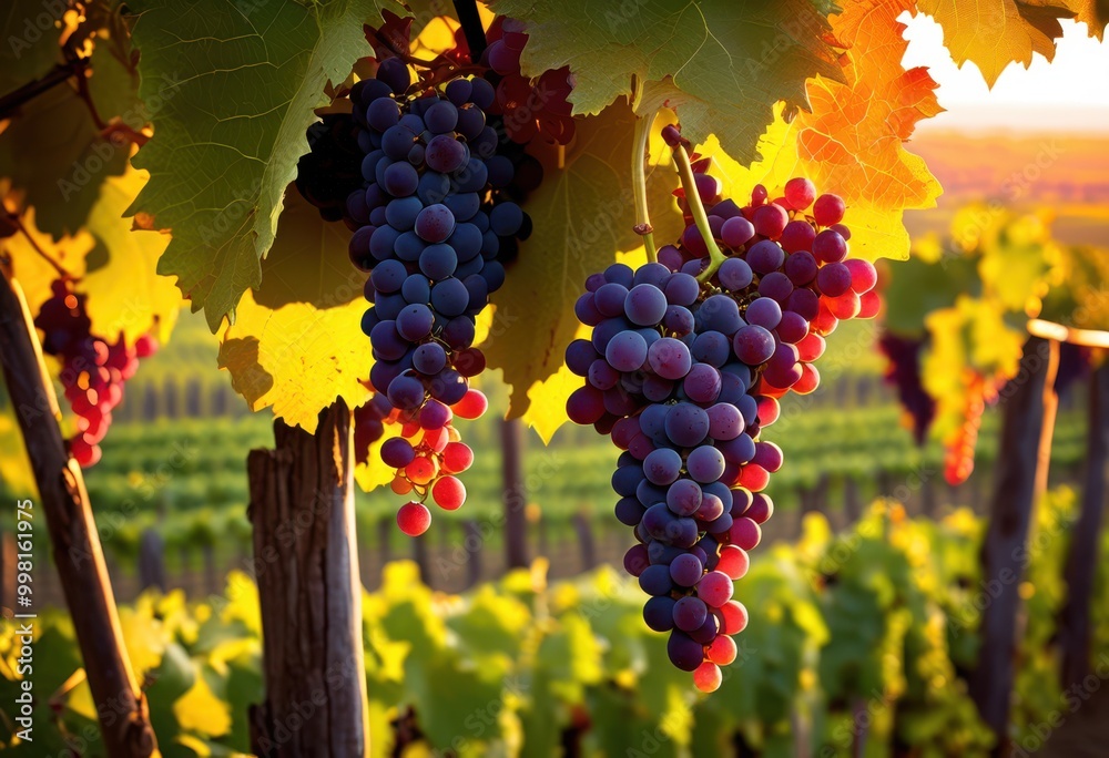 Fototapeta premium vibrant vineyard sunset fresh grape clusters under colorful sky, grapes, nature, landscape, field, harvest, fruit, plantation, winery, scenery, agriculture