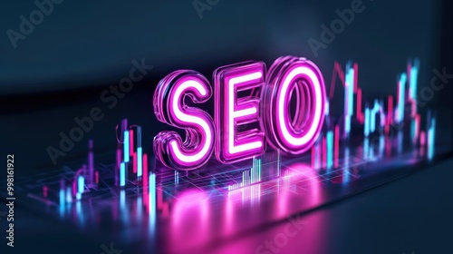 3D neon style text SEO glowing brightly against a dark background, featuring charts and technology elements, representing digital marketing strategies, online growth