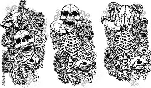 set, gothic sign with skull, grunge vintage design t shirts
