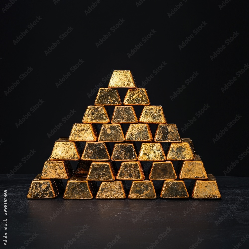 A striking array of gold bars stacked in a pyramid formation against a smooth black background, symbolizing wealth, luxury, and financial prosperity. A striking array of gold bars stacked in a pyramid formation against a smooth black background, symbolizing wealth, luxury, and financial prosperity.