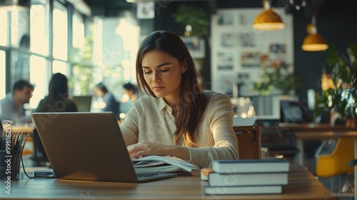 Corporate businesswoman working in a bustling marketing office area, planning plans in books and reading emails on her laptop in the office. 