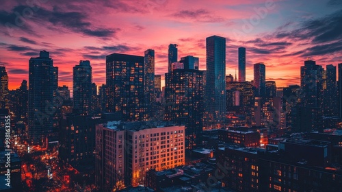 A city skyline at sunset with a warm orange glow