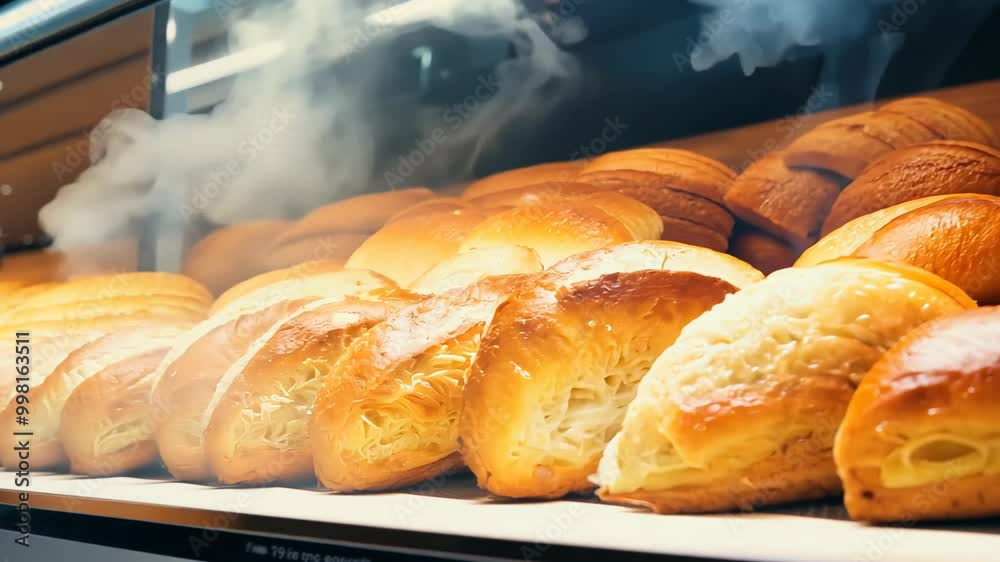 steaming hot baguette baking in a professional oven, with crispy edges and a soft center