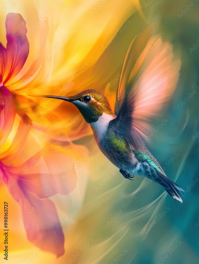 Naklejka premium A hummingbird is flying over a flower with a pink center