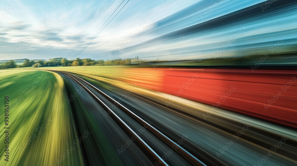 A Train Traveling Through a Green Field at High Speed