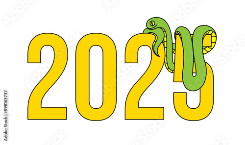 Green snake lies on the number 2025. Vector illustration with outline for the year of the snake according to the Chinese calendar.