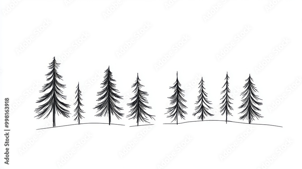 Fototapeta premium A simple, continuous line drawing of pine trees, standing out against a plain white background.