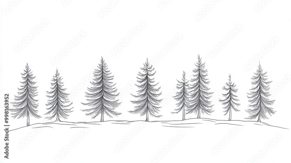 A simple, continuous line drawing of pine trees, standing out against a plain white background. A simple, continuous line drawing of pine trees, standing out against a plain white background.
