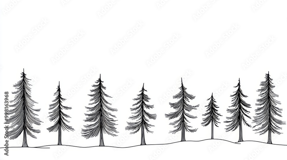 Obraz premium A simple, continuous line drawing of pine trees, standing out against a plain white background.