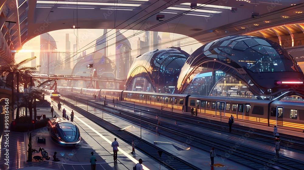 Fototapeta premium A futuristic transportation hub with hyperloop trains.