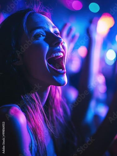 A woman is smiling and laughing while standing in a crowd