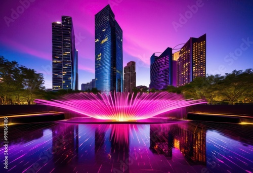 vibrant urban water feature surrounded dazzling skyline reflective surfaces modern architectural designs, architecture, cityscape, landscape, fountain