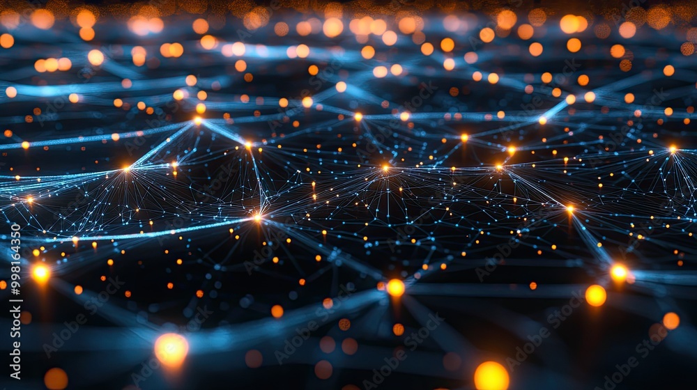 Obraz premium A glowing network of connected nodes and sleek lines on a dark, abstract background, ideal for creating modern and high-tech digital posters or social media visuals.