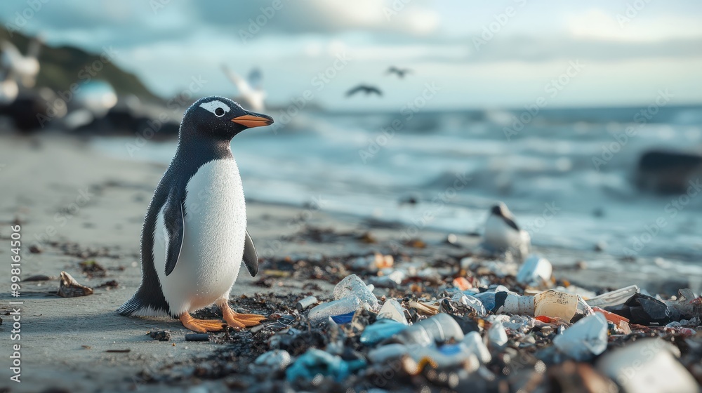 Fototapeta premium Penguin on the beach with garbage. Pollution of the ocean and coast.
