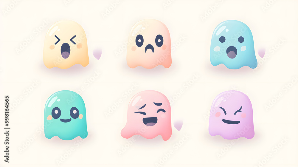 Simple pastel ghost face set of icons with smooth rounded edges and soft tones placed on a light background Simple pastel ghost face set of icons with smooth rounded edges and soft tones placed on a light background