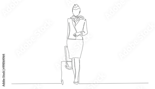 continuous line of flight attendant.one line drawing of flight attendant walking with travel bag.isolated white background