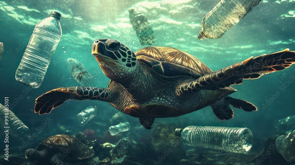 Fototapeta premium Plastic pollution with turtles swimming underwater between discarded plastic bottles.