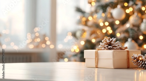 A beautiful gift box sits on a white table, with a blurred Christmas tree and sparkling lights in the background. There's plenty of space for adding text.