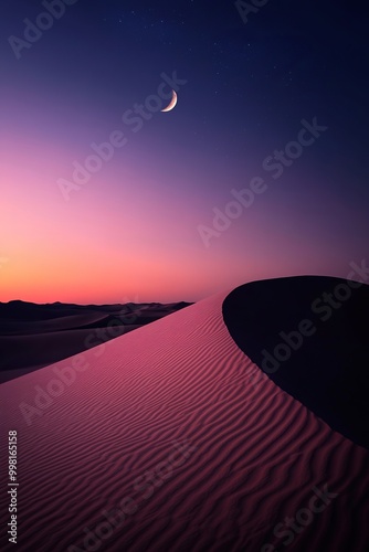 Sunset light illuminating the dunes in the desert with the moon in view
