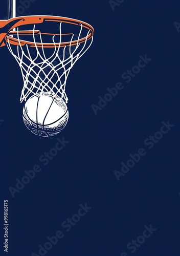 A simple navy and white vector basketball illustration with ball in the hoop
