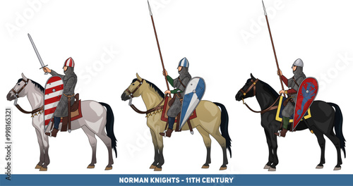 Set of Three Early Medieval Knights on Horseback in Armour and with Various Weapons, Illustration Isolated on Transparent Background, EPS 10 Vector