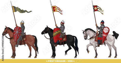 Set of Three Early Medieval Knights on Horseback in Armour and with Various Weapons, Illustration Isolated on Transparent Background, EPS 10 Vector