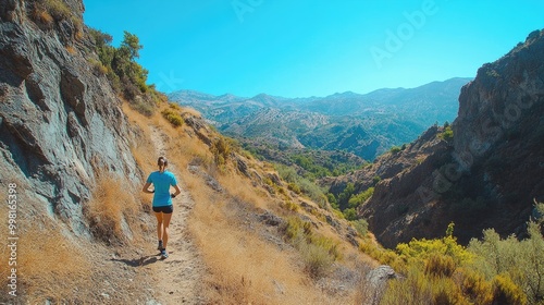 A person wearing a bright blue T-shirt while hiking up a mountain trail with a scenic view.