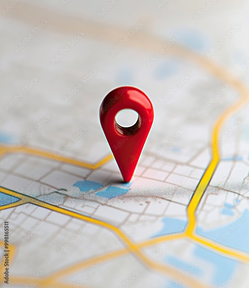 A red location pin on a city map showing focused travel planning A red location pin on a city map showing focused travel planning