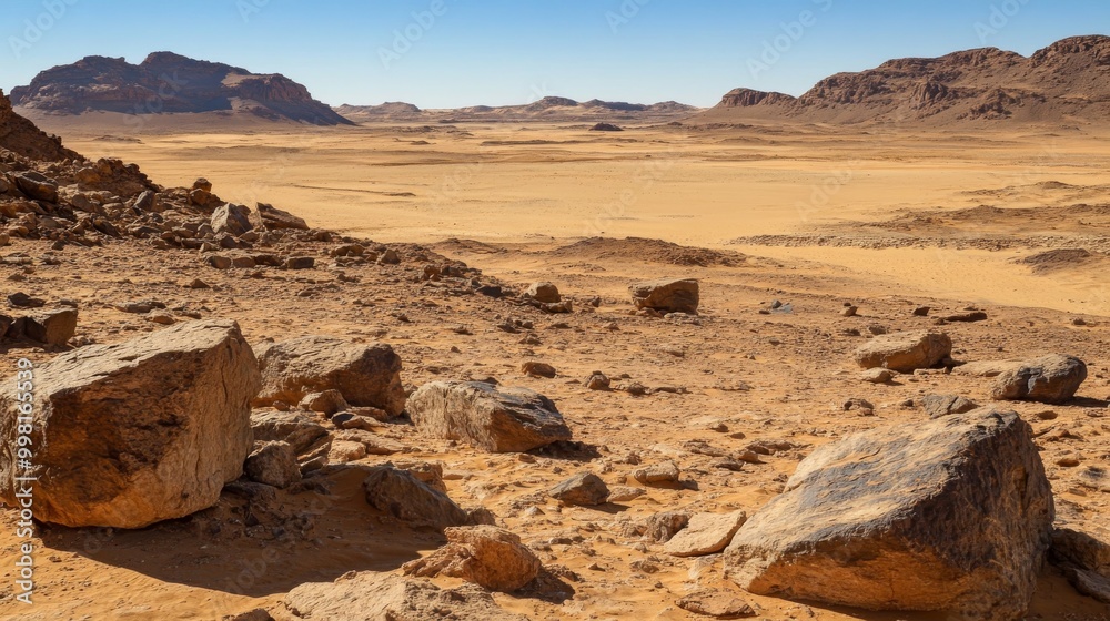 Fototapeta premium The desert is full of brown rocks made of sandstone. This type of rock is formed from layers of sediment over time.