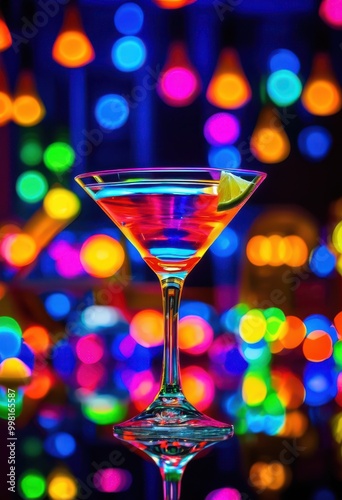 vibrant martini glass showcasing spectrum colorful drink shades bright eye catching presentation, cocktail, beverage, party, refreshing, elegant, style