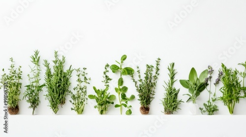 Wallpaper Mural Fresh Green Herbs Arranged in a Row on a White Surface Torontodigital.ca