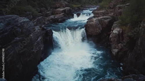 A river cascading over a rocky waterfall, creating white foam as it crashes into a pool below.