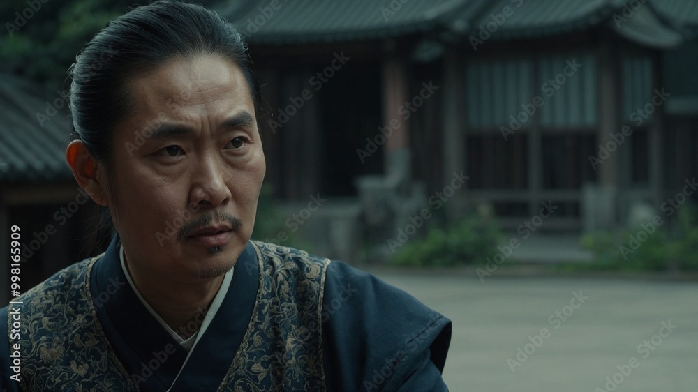 Obraz premium Middle-aged asian man with short black hair wearing traditional japanese robe in rural outdoor setting