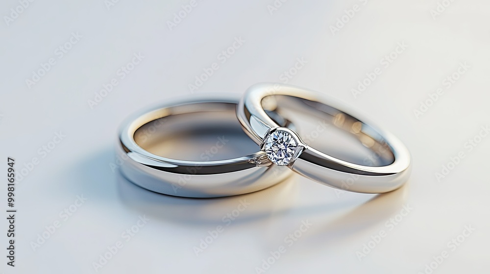 A pair of silver wedding rings, one with a diamond setting, placed side by side on a clean, white surface, representing unity and eternal love. A pair of silver wedding rings, one with a diamond setting, placed side by side on a clean, white surface, representing unity and eternal love.