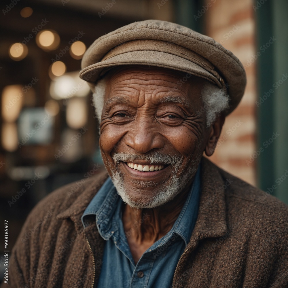 Elderly African American man with gray hair and warm, friendly smile wearing flat cap and denim jacket against blurred background Elderly African American man with gray hair and warm, friendly smile wearing flat cap and denim jacket against blurred background