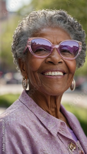 Elderly African American woman with gray curly hair, wearing large purple-framed glasses and pink sweater, smiling warmly