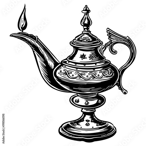 魔法のランプの銅版画のベクターイラスト。