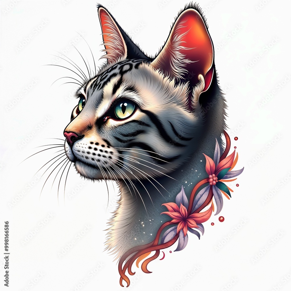 Sketch of cat head tattoo on isolated white background. Sticker cat. Sketch of cat head tattoo on isolated white background. Sticker cat.