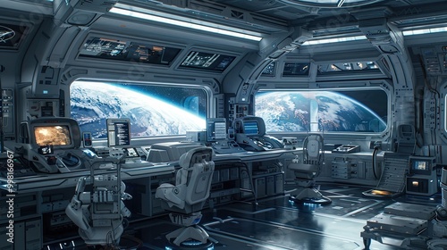 Fototapeta Naklejka Na Ścianę i Meble -  Space station interior, featuring advanced equipment, large windows overlooking the galaxy.
