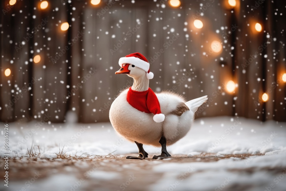 A cheerful duck in a Santa hat, adorned with a festive scarf, stands in falling snow amidst glowing holiday lights. A cheerful duck in a Santa hat, adorned with a festive scarf, stands in falling snow amidst glowing holiday lights.