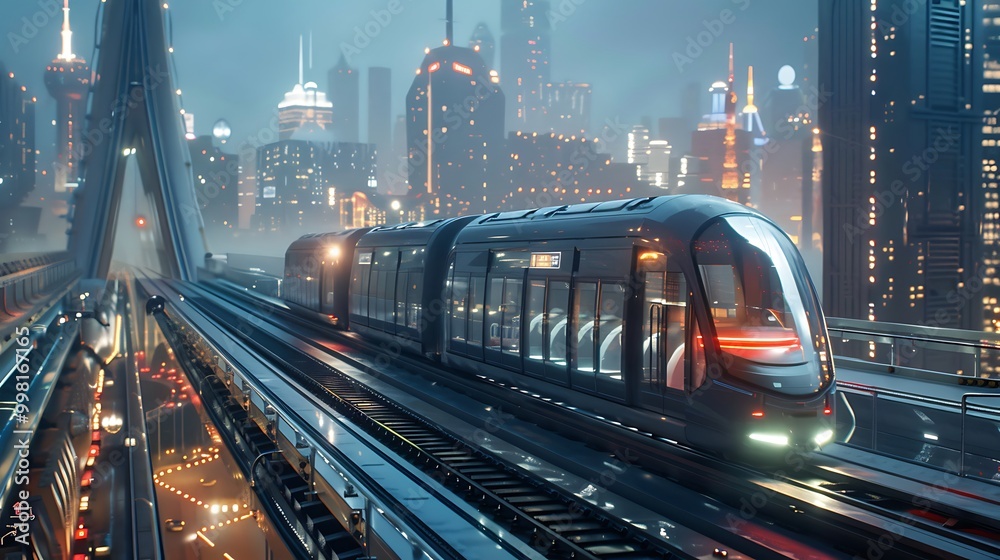 A futuristic urban skyline at night with advanced public transport systems. A futuristic urban skyline at night with advanced public transport systems.