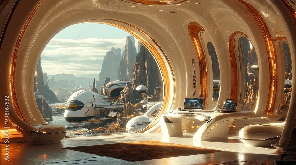 Futuristic Spaceship Interior with a View of a Rocky Planet
